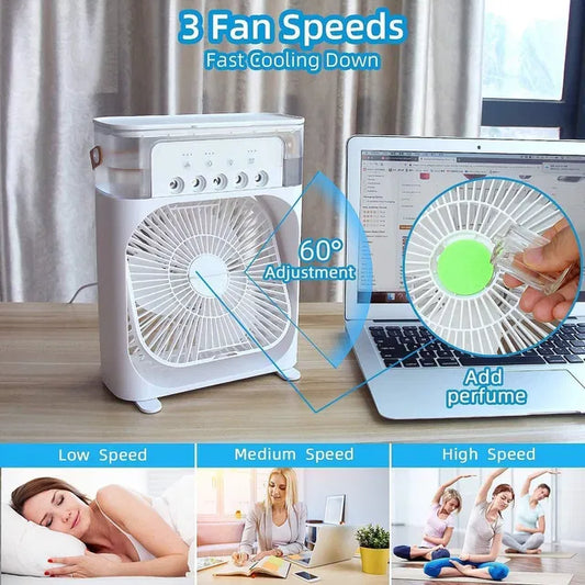 3-in-1 Portable Mini Air Cooler Fan with Mist Spray & 7-Color LED Light | Rechargeable Personal AC | 3 Speed Cooling for Room, Office, Travel (Random Color)