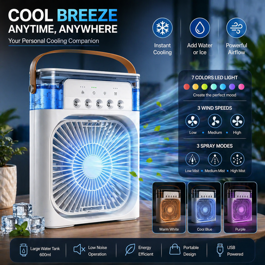 3-in-1 Portable Mini Air Cooler Fan with Mist Spray &amp; 7-Color LED Light | Rechargeable Personal AC | 3 Speed Cooling for Room, Office, Travel (Random Color)